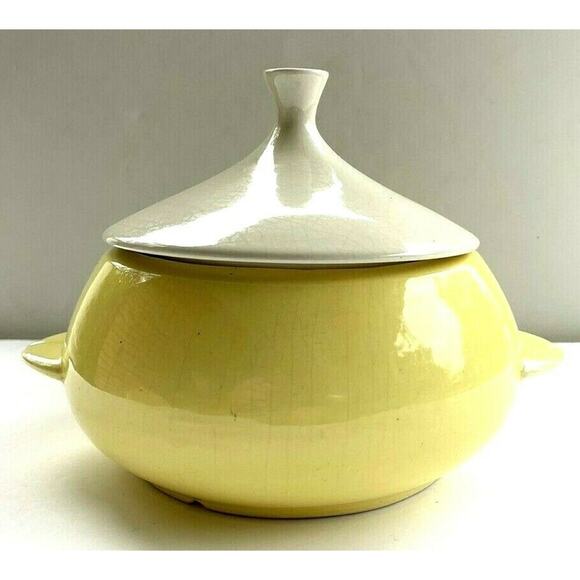 vtg covered dish calif pottery yellow white top SC3 mcm Calif USA mark on bottom - Picture 6 of 11